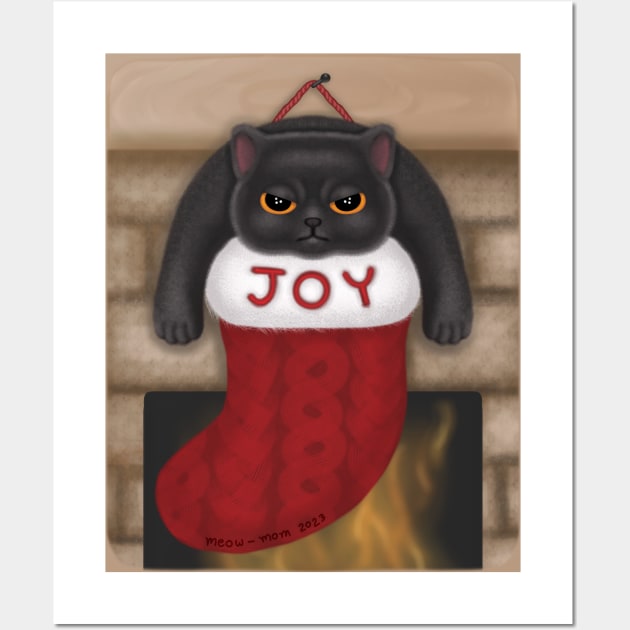 Grumpy Black Cat in Joy Christmas Stocking Wall Art by meow-mom